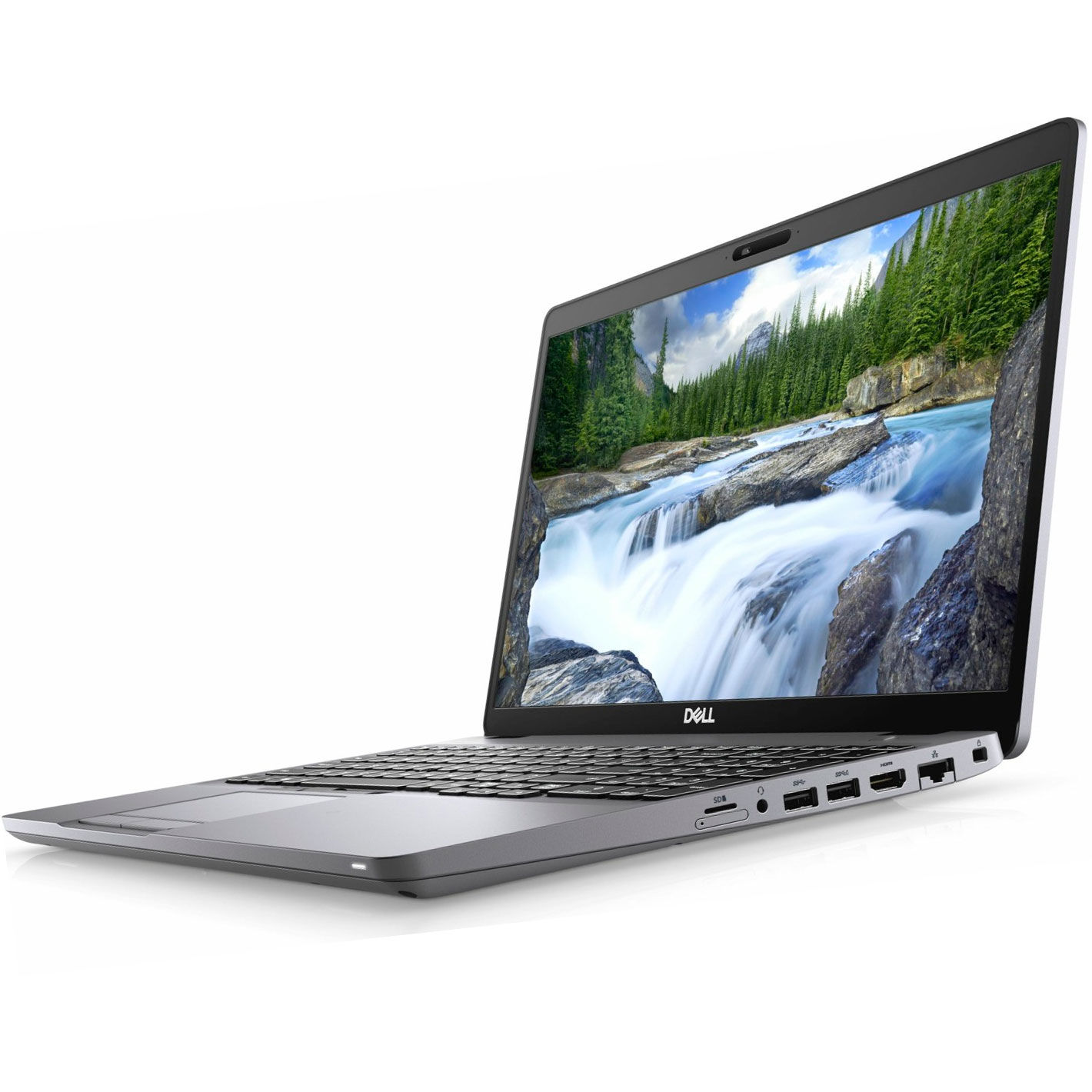 Computador portátil Dell cinzento metálico com ecrã aberto a mostrar imagem de cascata