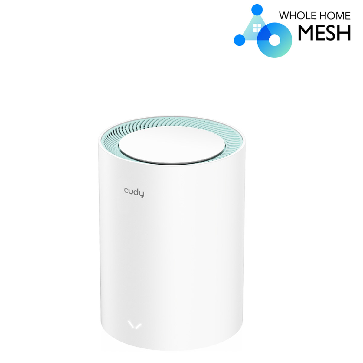 Dispositivo tecnológico cilíndrico branco com detalhes azuis e texto cudy e WHOLE HOME MESH