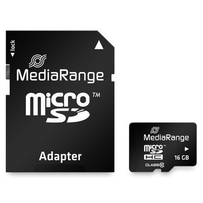 Cartão micro SD e adaptador MediaRange pretos com textos e símbolos brancos