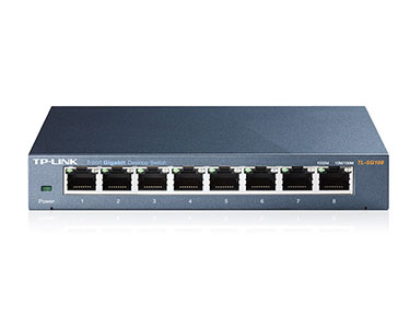 Switch de rede TP-LINK com oito portas Ethernet cinzento metálico