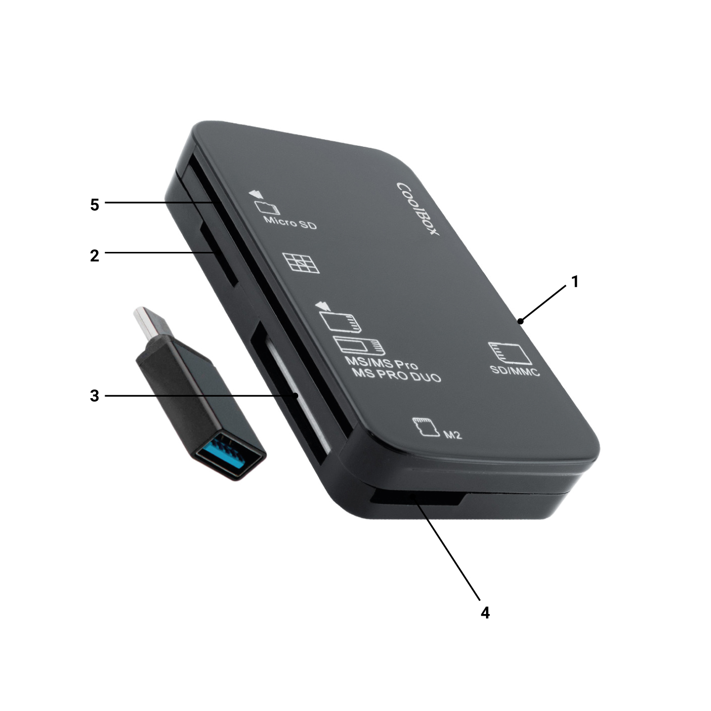 Leitor de cartões CoolBox preto com adaptador USB preto ao lado