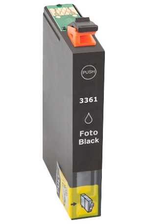 Cartucho de tinta preto fotográfico para impressora com etiqueta preta e amarela.