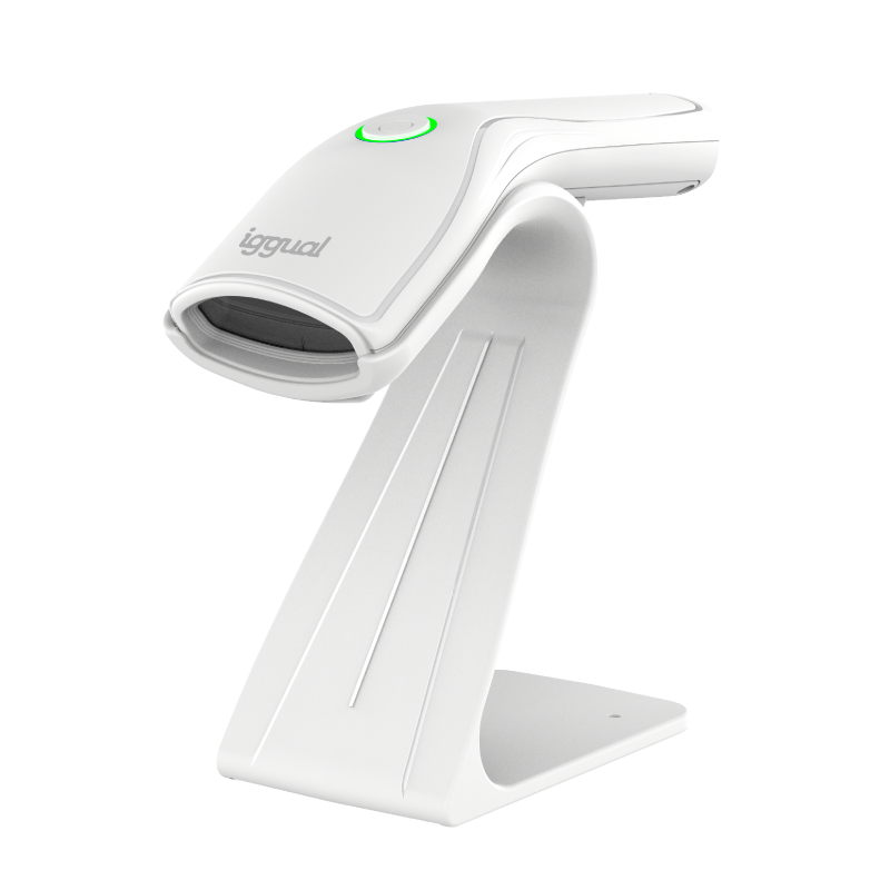 Leitor de código barras portátil branco com base e texto iggual