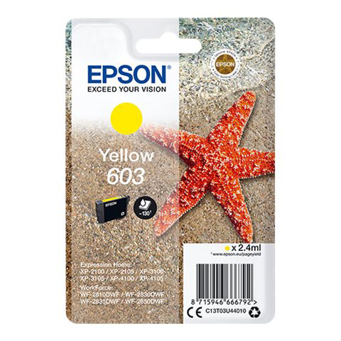 Cartucho de tinta Epson amarelo modelo 603 com estrela do mar na embalagem