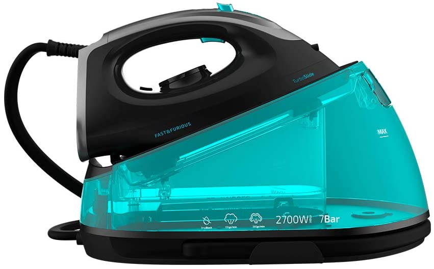 Ferro a vapor azul e preto com base transparente e texto indicador de potência e pressão.