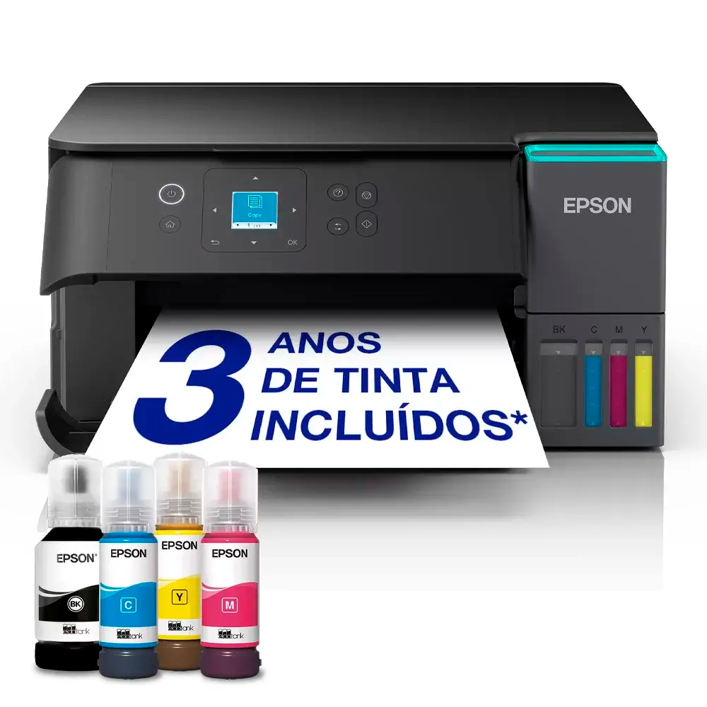Impressora Epson preta com frascos de tinta colorida e papel impresso.