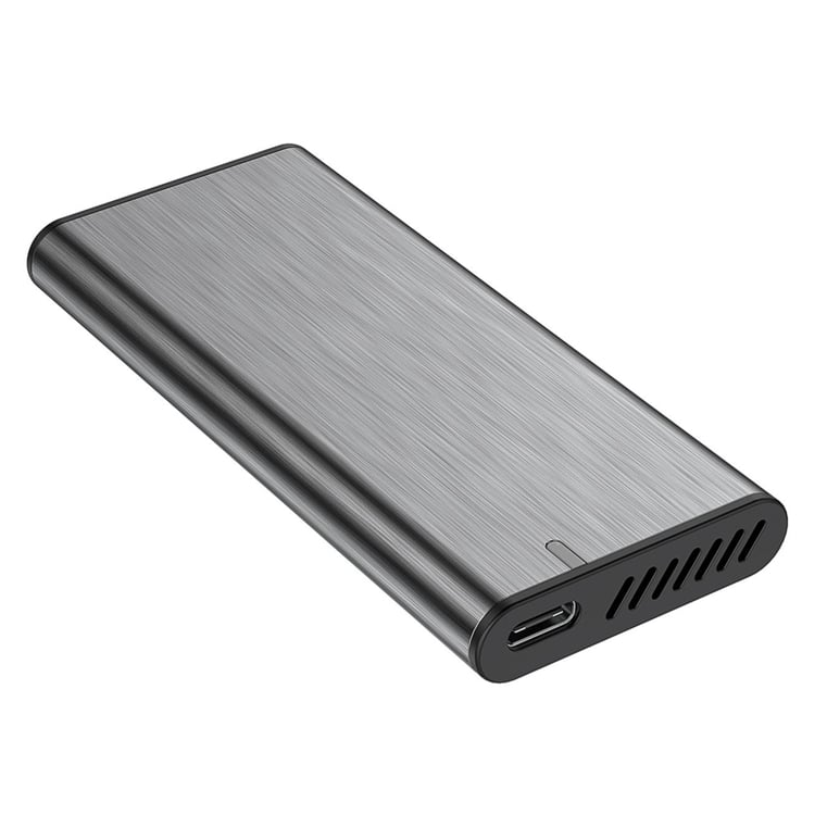 Recipiente metálico retangular com conector USB-C e ventoinhas.