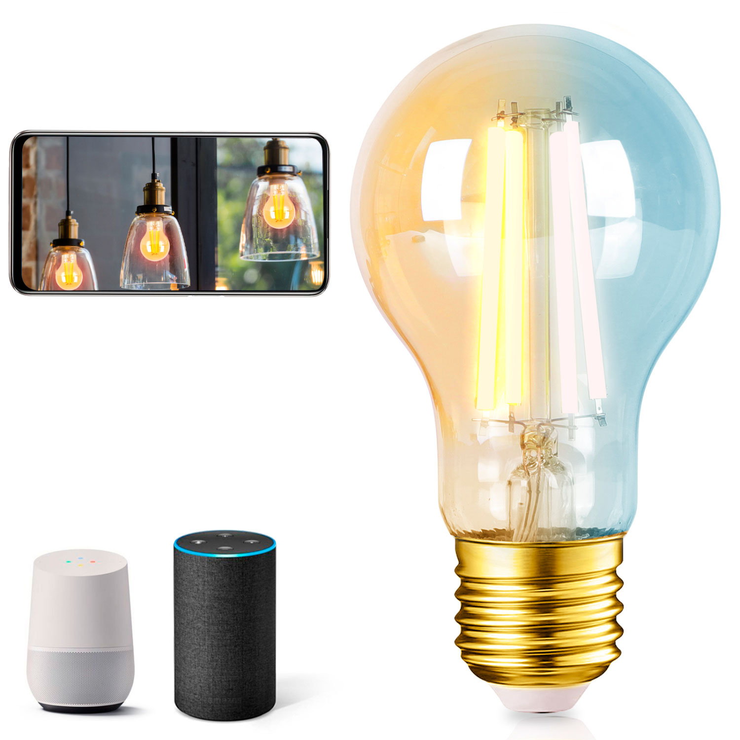 Lâmpada LED com base dourada e vidro transparente ao lado de smartphone e dois assistentes virtuais.