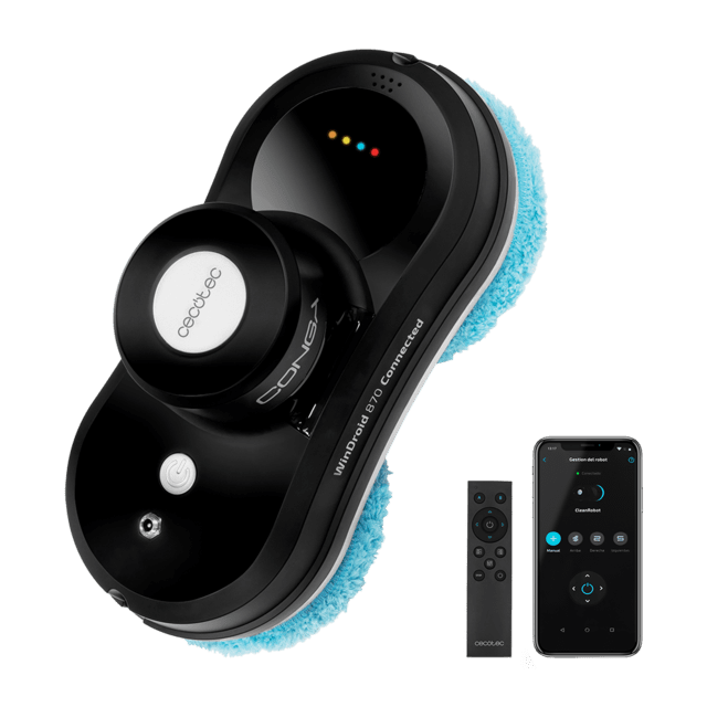 Robô limpa-vidros preto com esponja azul, controlo remoto e smartphone