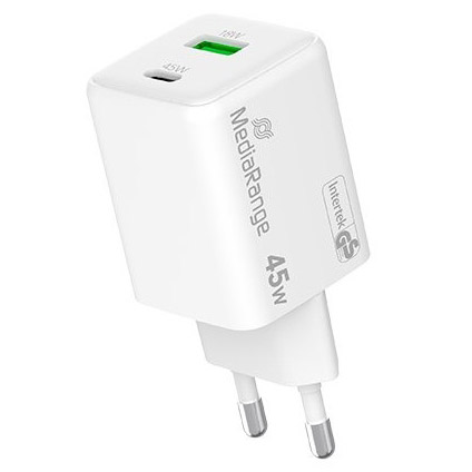 Carregador de parede MediaRange branco 45W com portas USB-C e USB-A