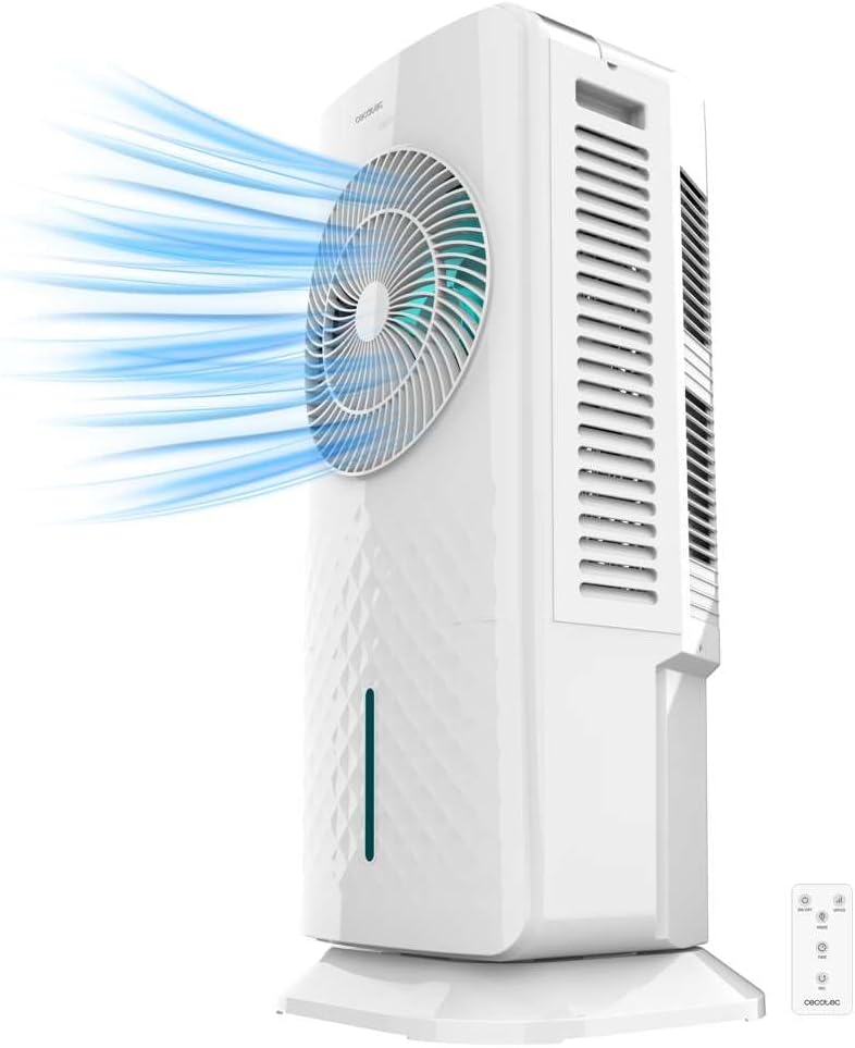 Purificador ou ventilador branco com ventilador circular e controlo remoto