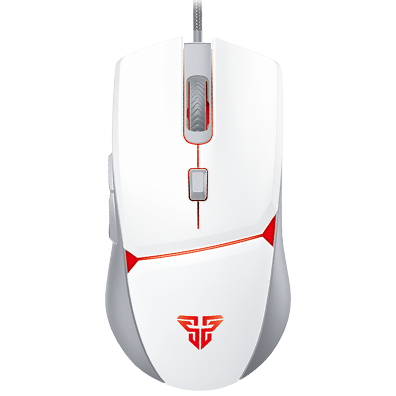 Rato de computador branco com detalhes vermelhos e fio cinzento
