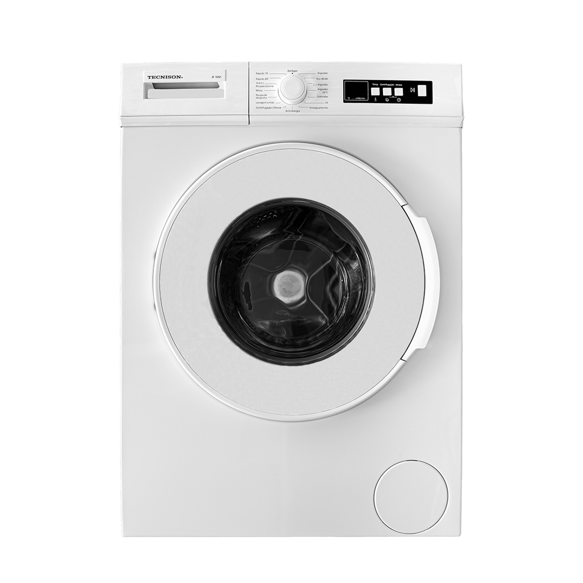 Máquina de lavar roupa branca TechnoX com porta redonda de vidro preto e painel de controlo digital