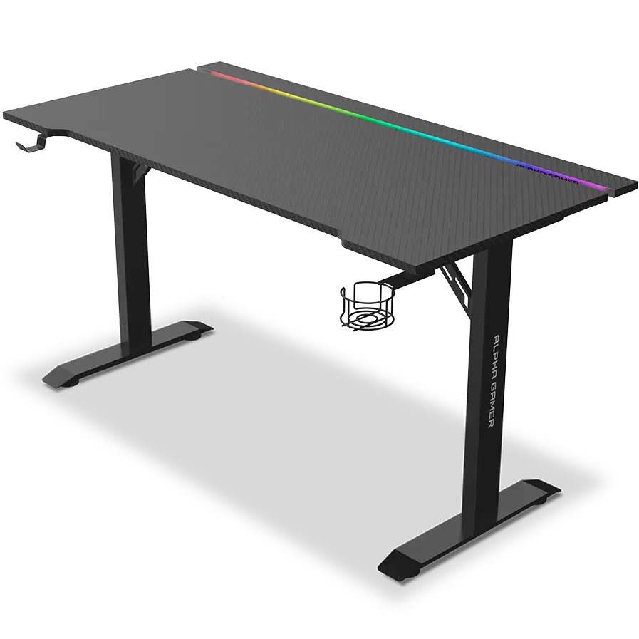 Mesa de gaming preta com faixa RGB e suportes laterais
