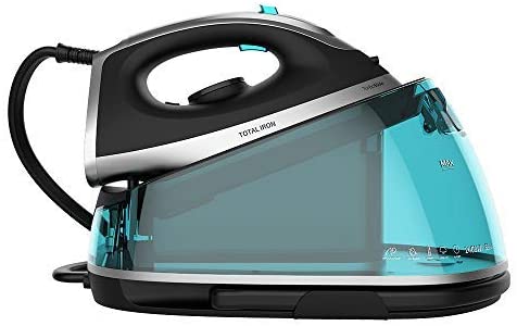 Ferro de engomar a vapor com base preta e corpo azul transparente