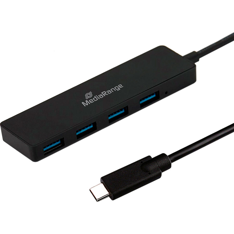 Hub USB preto MediaRange com 4 portas USB 3.0 e cabo USB-C