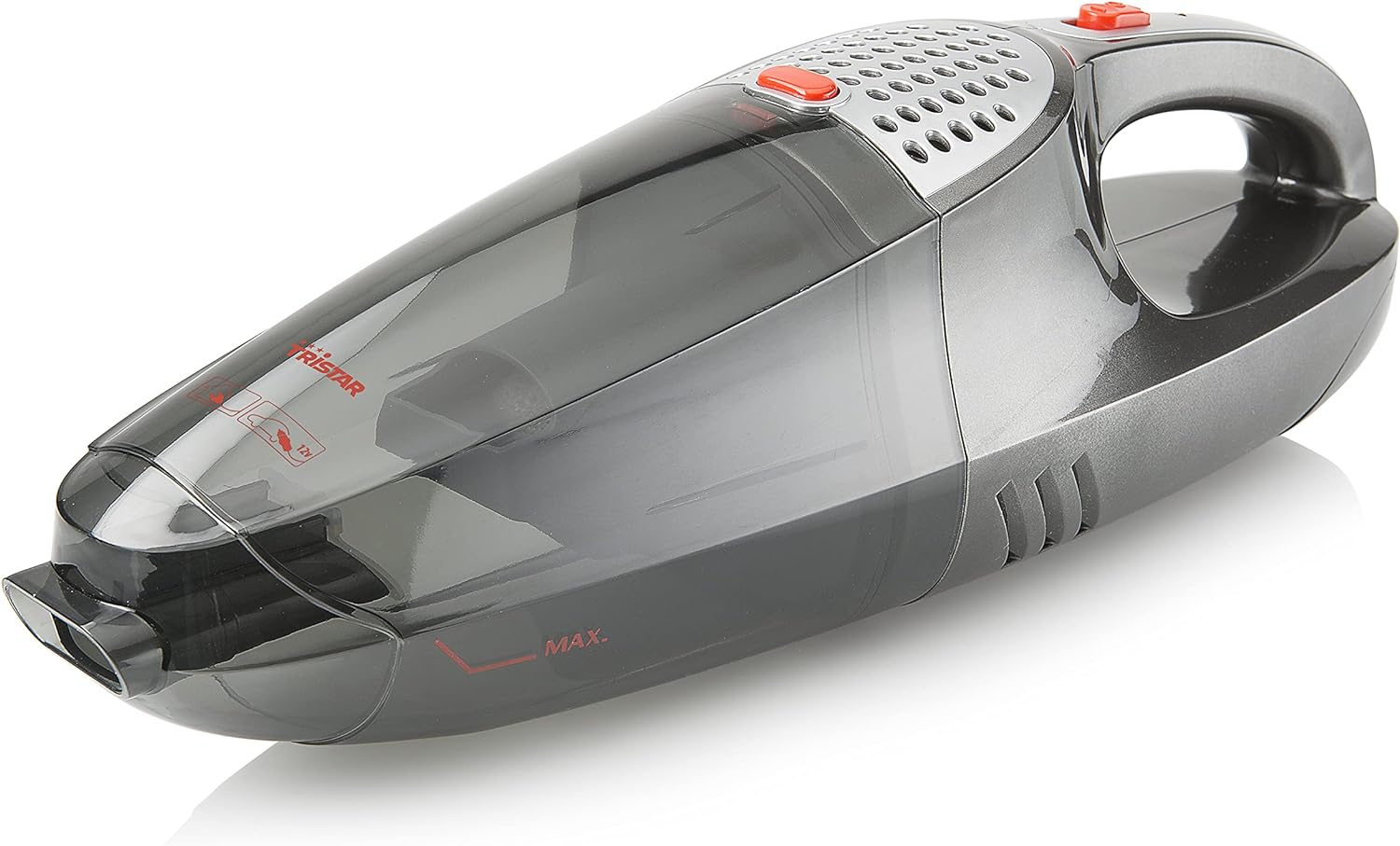 aspirador de pó portátil cinza e preto com botões vermelhos