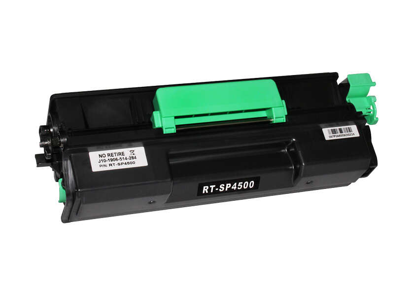 Cartucho de toner preto com componentes verdes e etiquetas
