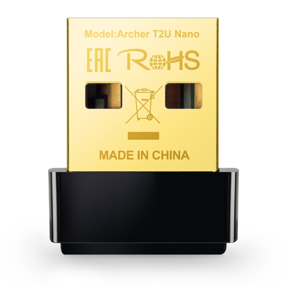 Dispositivo USB Archer T2U Nano preto com conector dourado e inscrições em dourado.