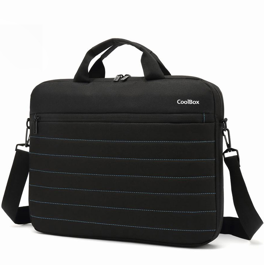 Mala de laptop preta com costuras azuis e alça de ombro.