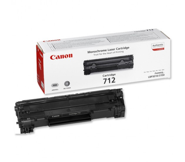 Cartucho de toner Canon Cartridge 712 e embalagem com texto em fundo branco e vermelho