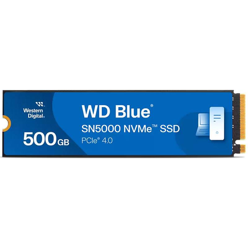 SSD WD Blue 500 GB com etiqueta azul e conector PCIe