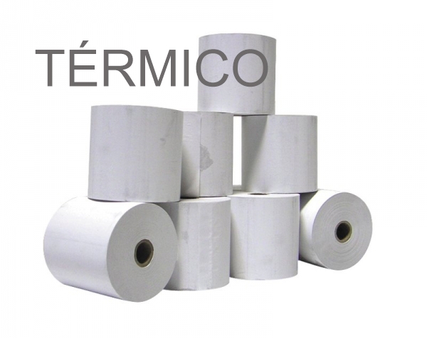 Rolos de papel térmico branco empilhados com texto TÉRMICO