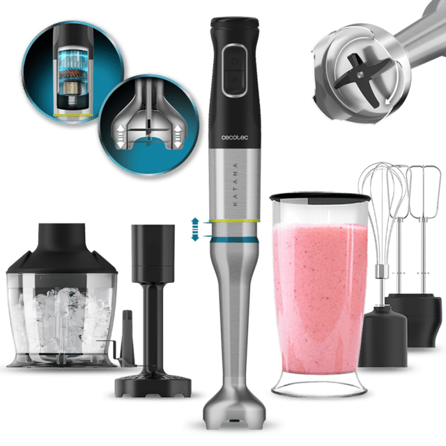 Varinha mágica Cecotec Katana com acessórios e copo com bebida rosa