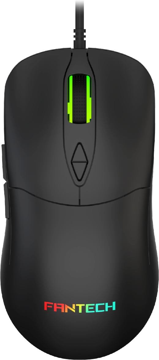 Rato de computador preto com scroll verde e logo colorido FANTECH