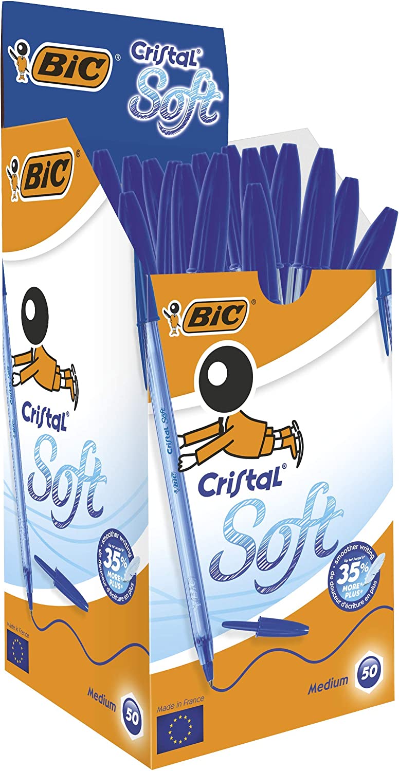 Imagem de canetas BIC Cristal Soft azuis na embalagem