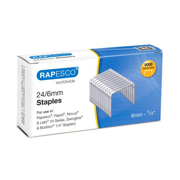Embalagem de grampos metálicos galvanizados RAPESCO 24/6mm com 5000 unidades