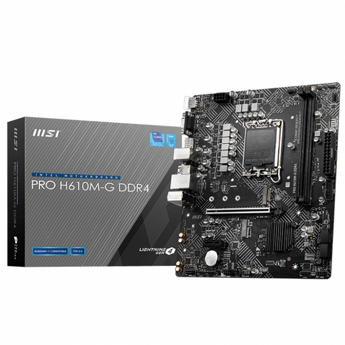 Placa-mãe MSI PRO H610M-G DDR4 e embalagem cinzenta com texto