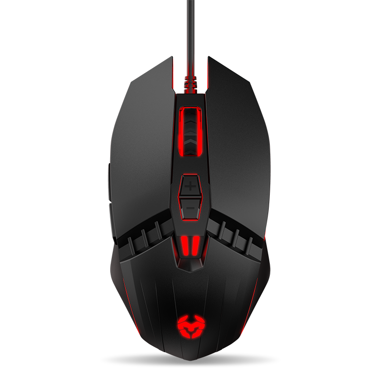 Rato gaming preto com iluminação vermelha e botões adicionais.