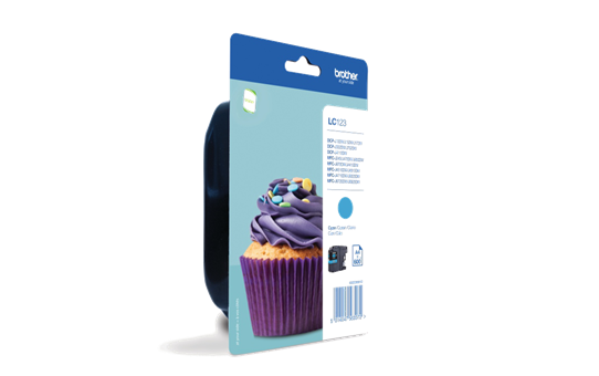 Embalagem de tinteiro Brother LC-3219 azul com imagem de cupcake