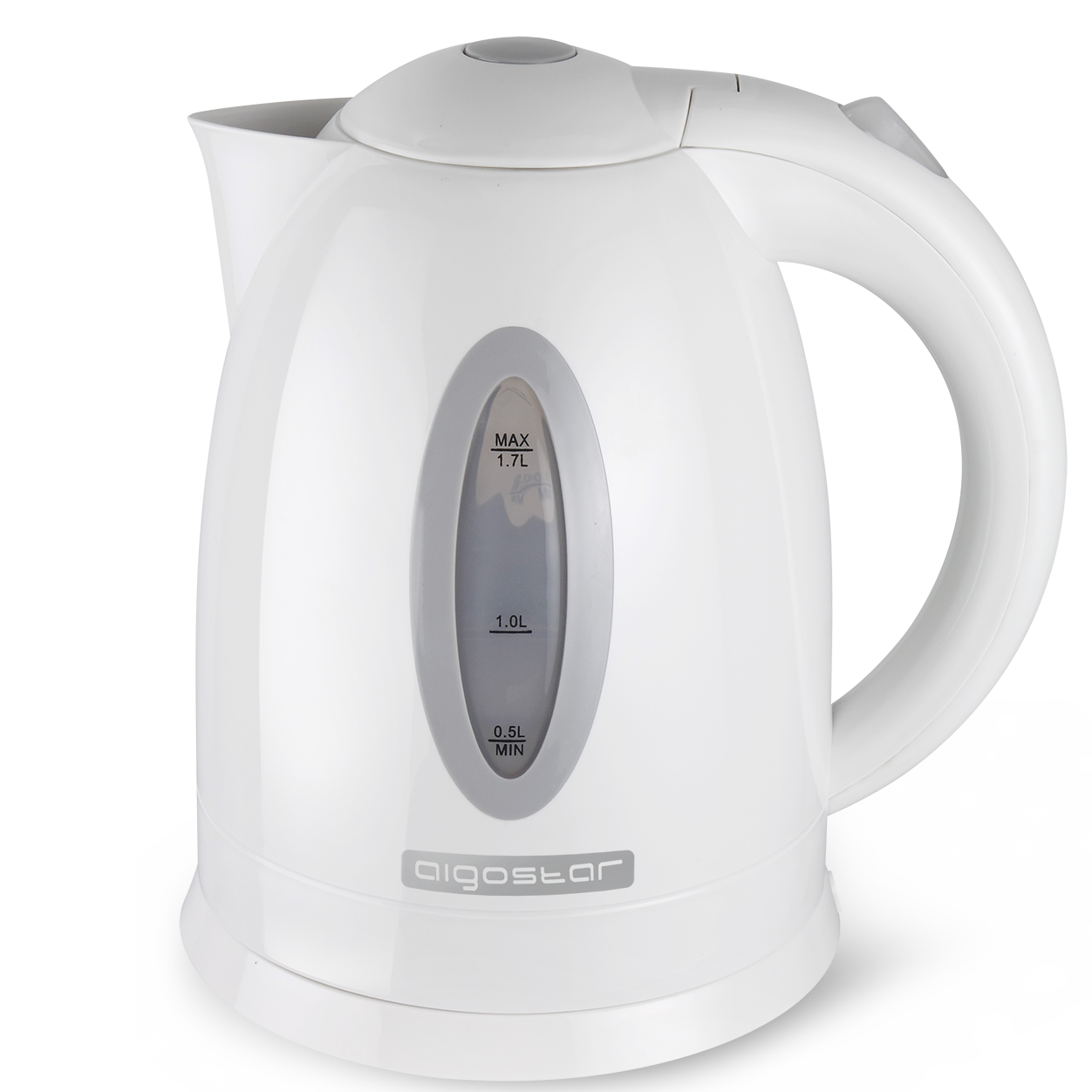 Chaleira elétrica branca da marca aigostar com visor de nível de água