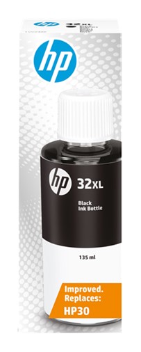 Frasco de tinta preta HP 32XL com caixa branca e azul