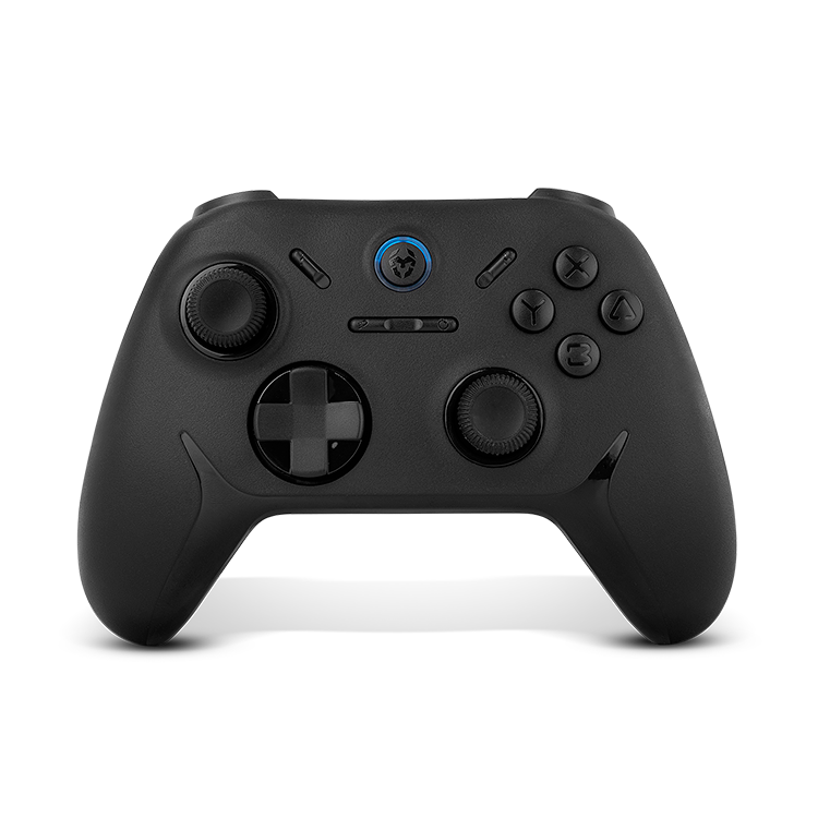 Comando de jogo preto com botões e analógicos