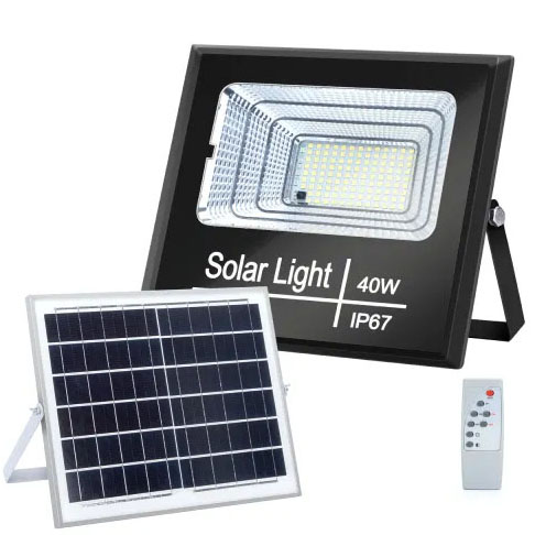 Projetor solar LED preto com painel solar e comando remoto