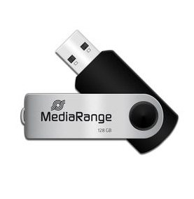 Duas pen drives USB, uma preta e outra prateada com preto, pen drive prateada com texto MediaRange 128 GB