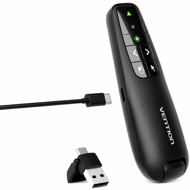 Controlo remoto preto com botões iluminados e acessórios USB