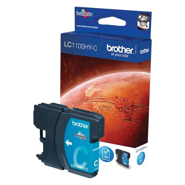 Cartucho de tinta Brother ciano com embalagem azul com imagem de planeta
