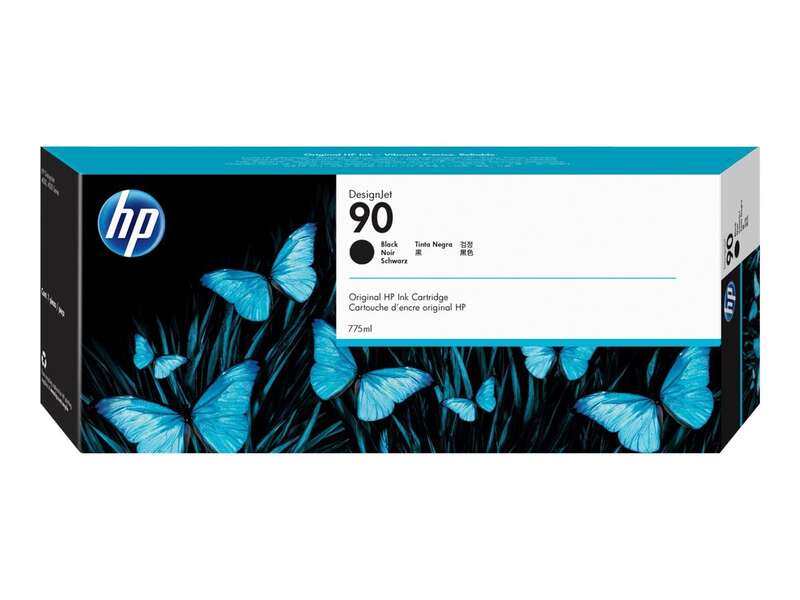 Embalagem de tinteiro HP DesignJet 90 preta com borboletas azuis