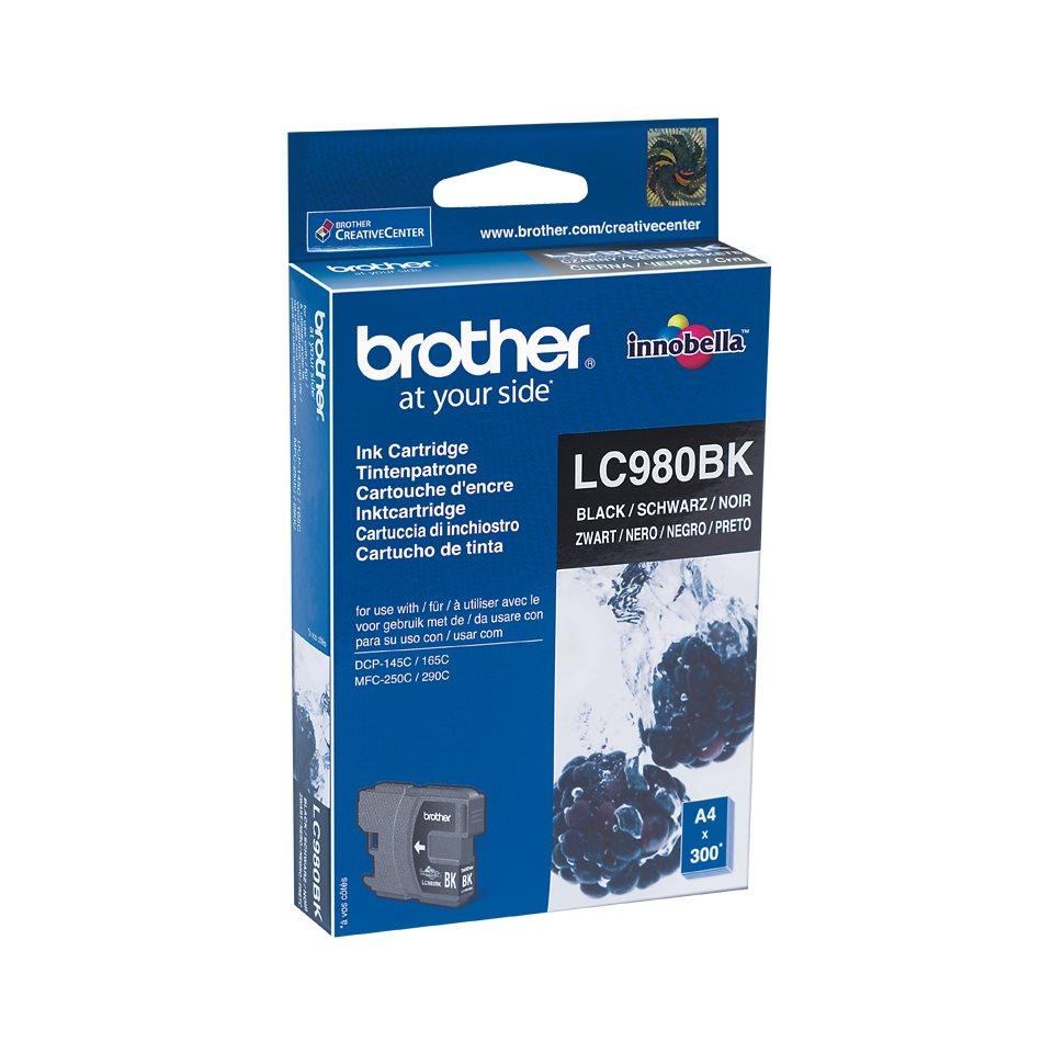 Embalagem de tinteiro Brother LC980BK preto com design azul e branca e amoras na embalagem
