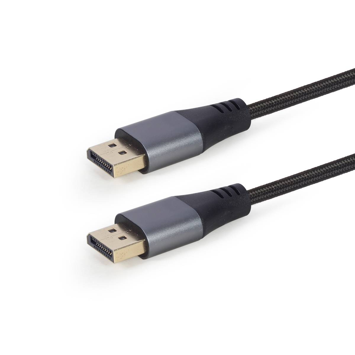 Cabo DisplayPort com conectores dourados e cabo malhado preto