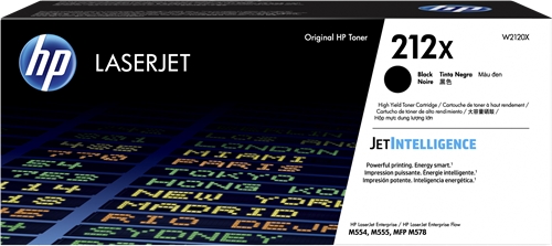 Embalagem de toner HP LaserJet 212X preta com padrão de texto colorido