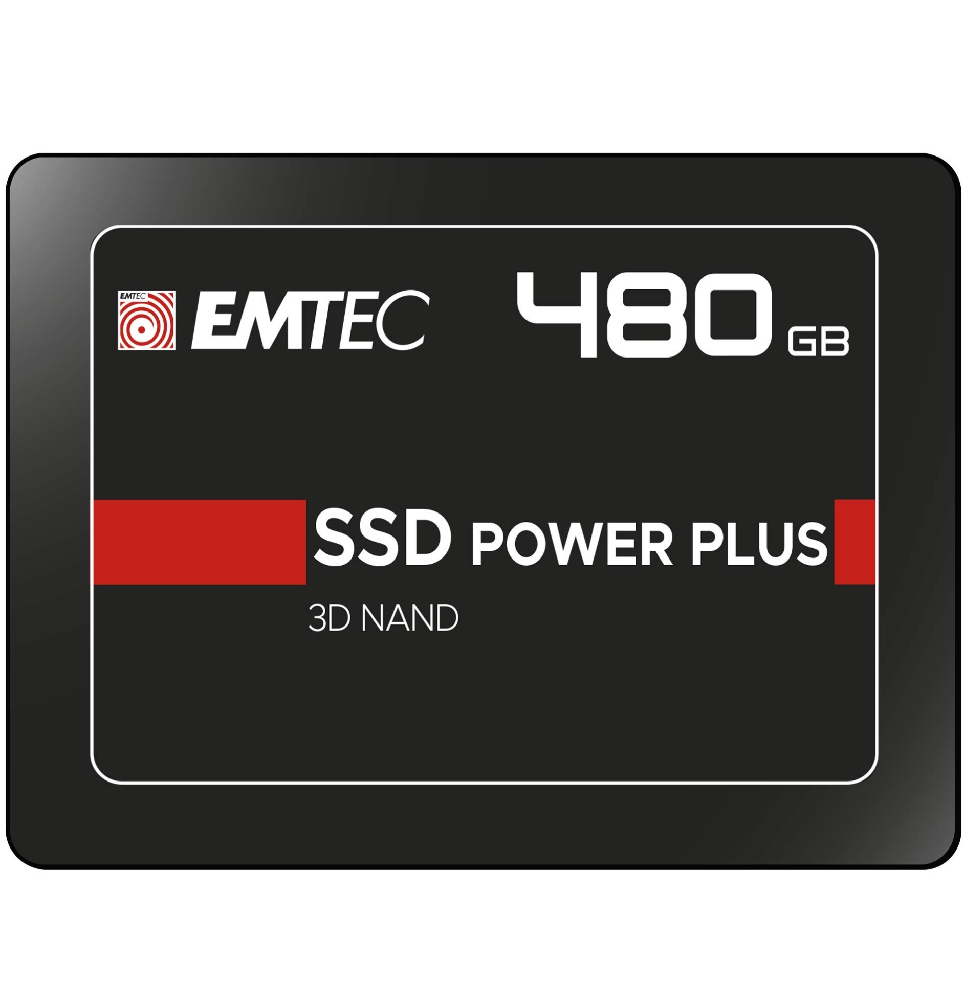 Disco SSD EMTEC 480 GB POWER PLUS 3D NAND preto com vermelho e branco.