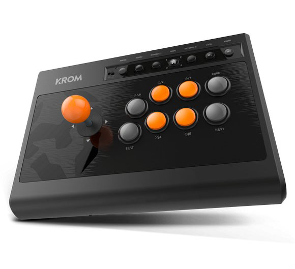 Joystick arcade preto com botões laranja e cinza e botão de comando laranja