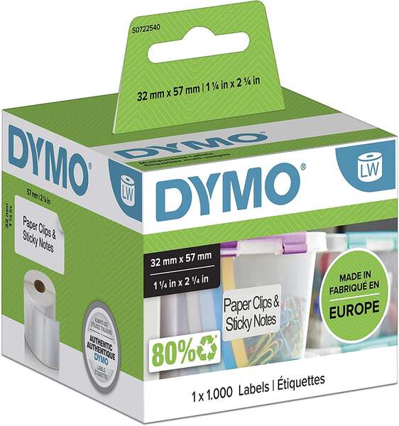 Caixa DYMO de etiquetas adhesivas verdes e brancas para impressora LW