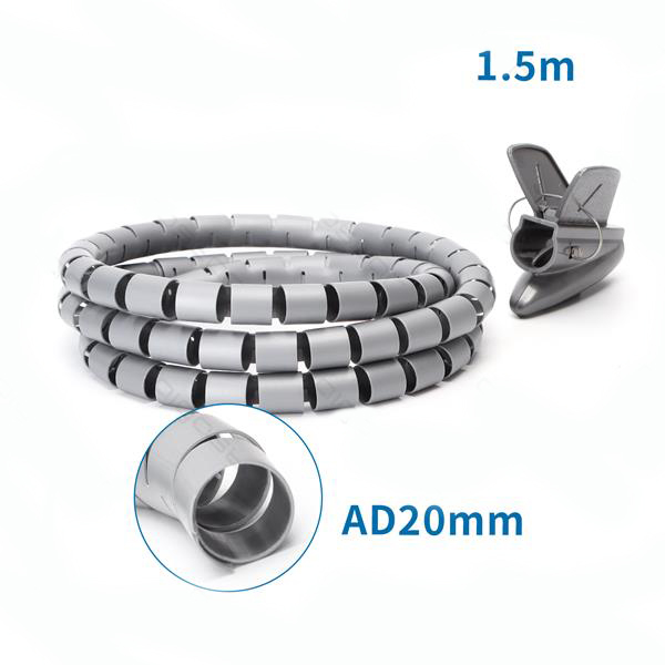 Organizador de cabos espiral cinza e preto com diâmetro 20mm e comprimento 1.5m