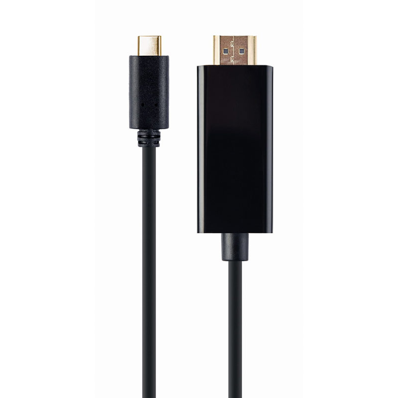 Cabo USB-C para HDMI preto com conectores metálicos dourados